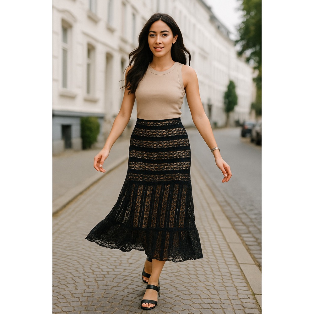 LAPIS Black Tiered Ruffle Lace Maxi Skirt‎ XL